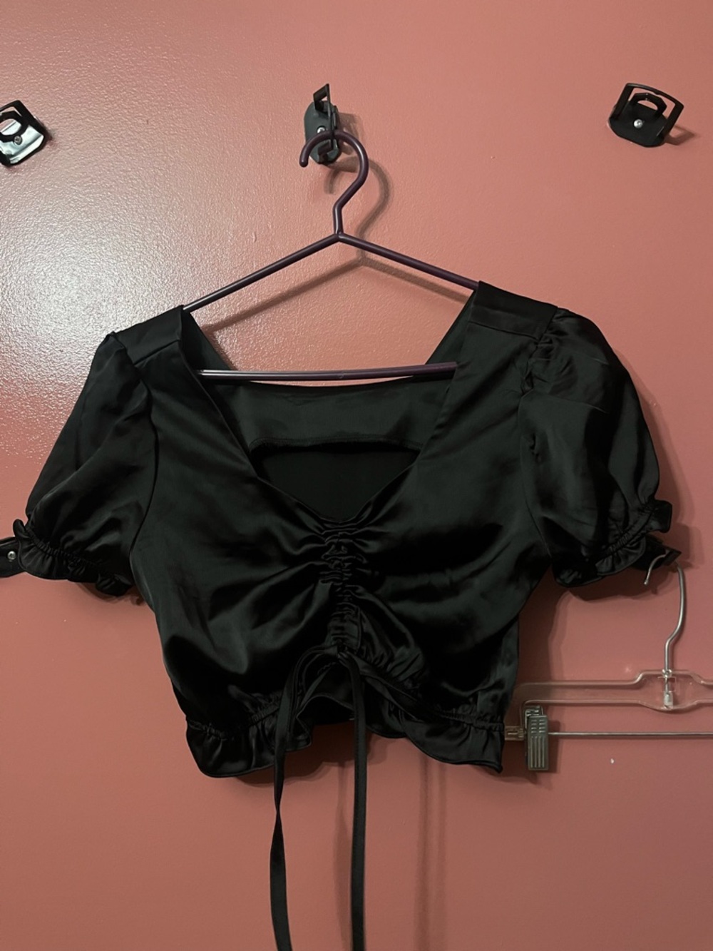 Black Satin Ruched Crop Top with Puff Sleeves